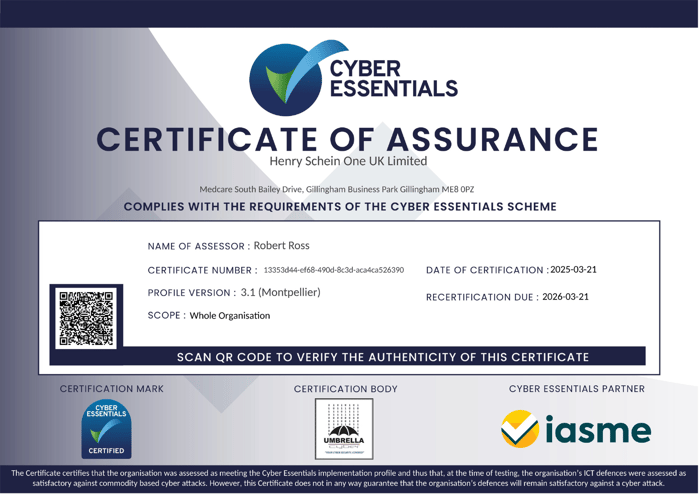 Cyber Essentials Certificate of Assurance for Henry Schein One UK Limited